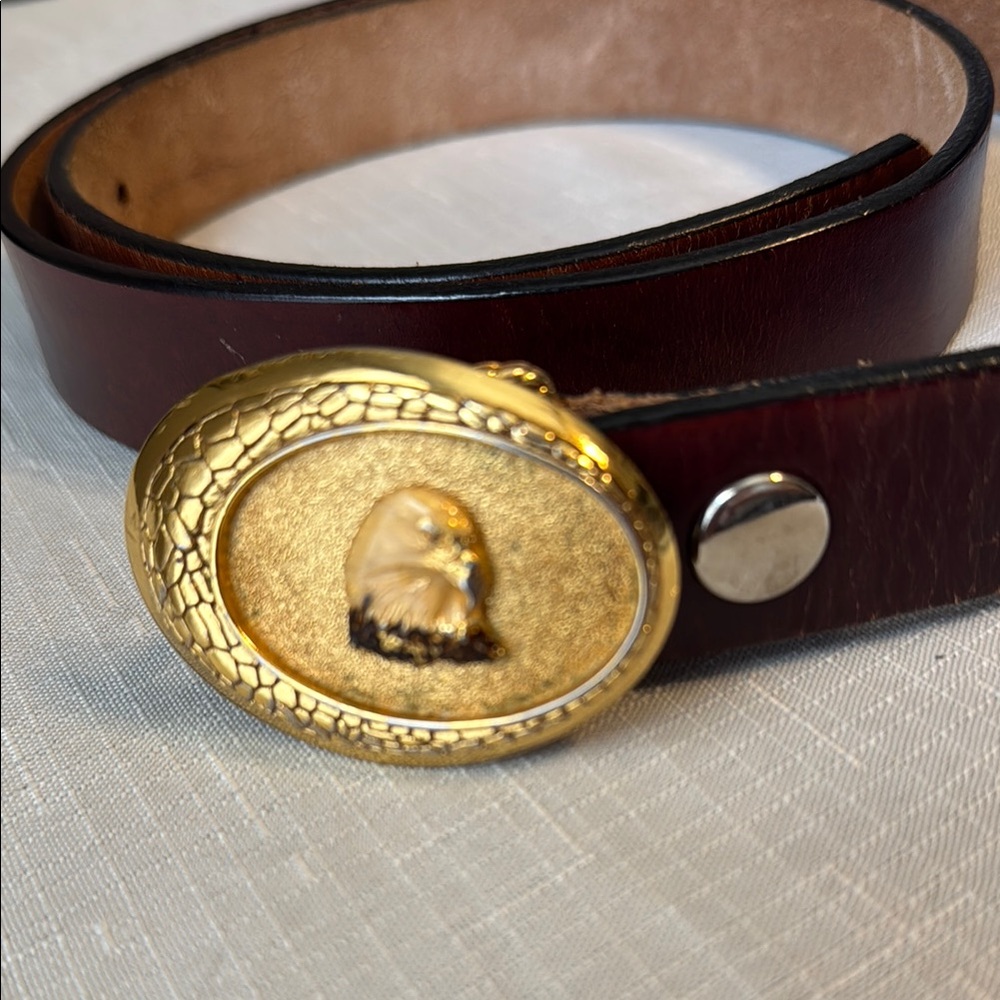 Eclectic grandpa Eagle head Enameled on gold buckle with Brown Leather Belt